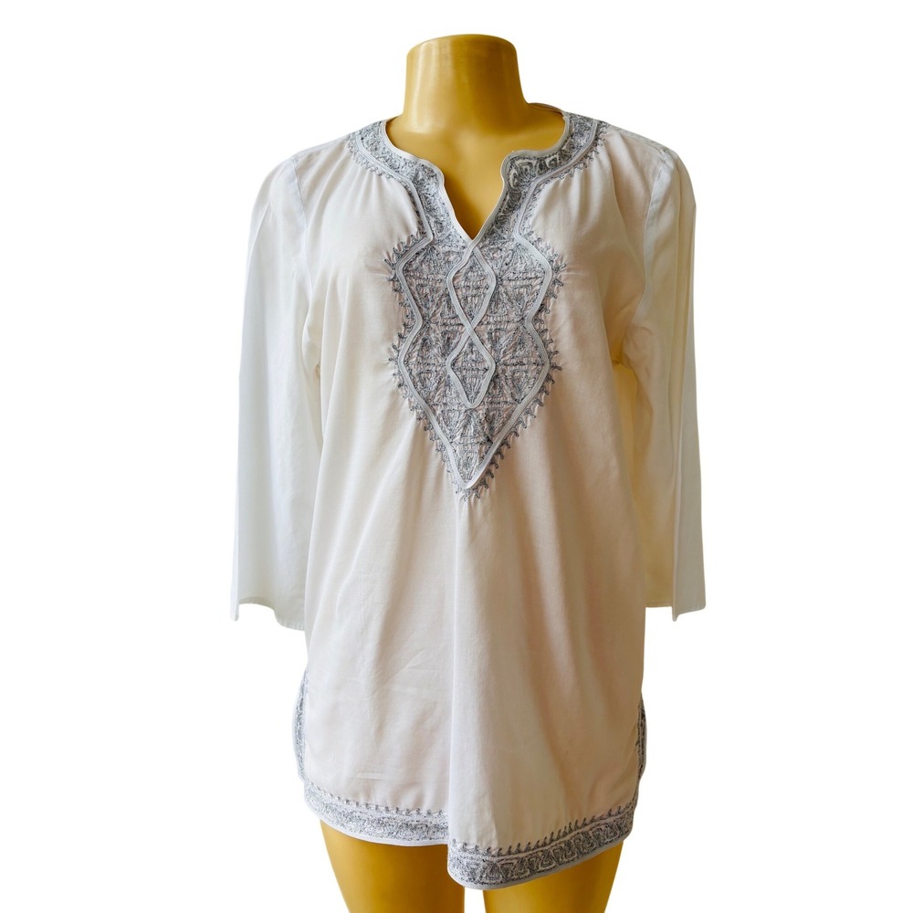 Chico's White Embroidered Tunic Top Size 0 Small Boho Peasant 3/4 Sleeve